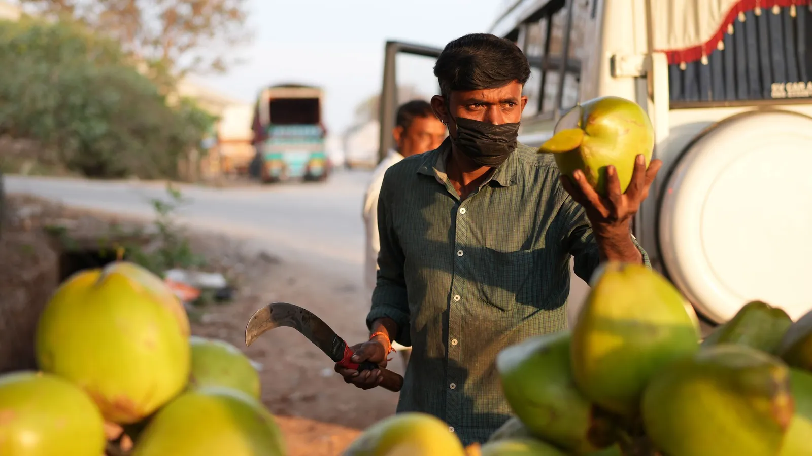 Tender coconut vendor holding up a green coconut beside a roadside pile near Devanahalli, Bengaluru