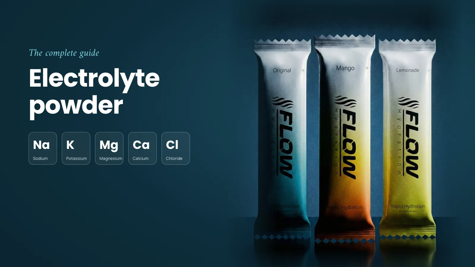 Flow electrolyte powder sachets in Original, Mango and Lemonade beside tiles for sodium, potassium, magnesium, calcium and chloride